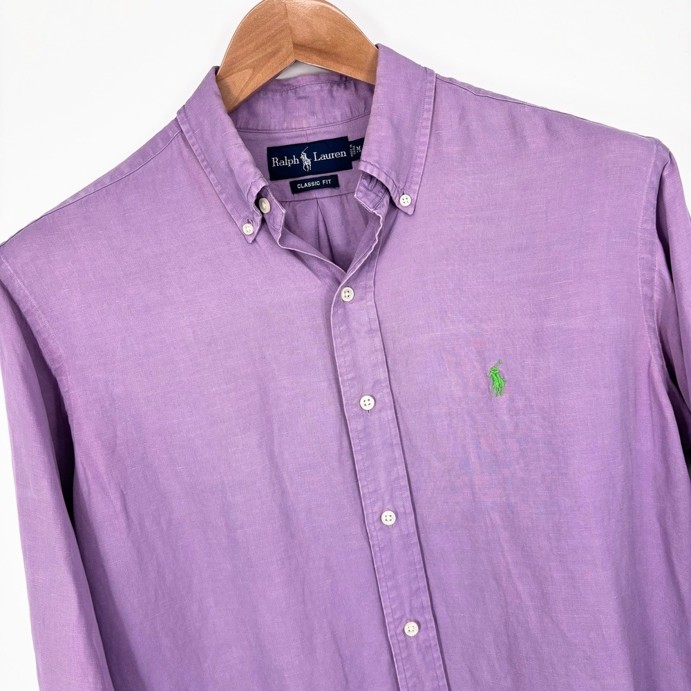 Vintage Polo Ralph Lauren Silk Linen Classic Fit Button Down Shirt Mens M Purple